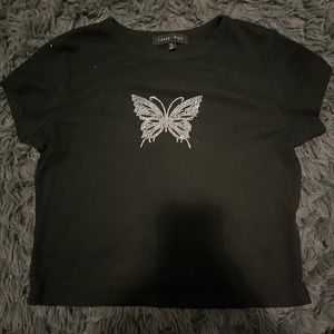 Black y2k mid-waist butterfly rhinestones crop top